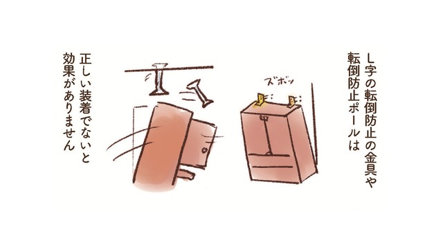 「震度７に対応」転倒防止グッズでも安心しちゃダメ！家具の下敷きにならないための注意点とは?!【大切な「いのち」と「お金」を守る マンガ 防災&防犯ブック #３】