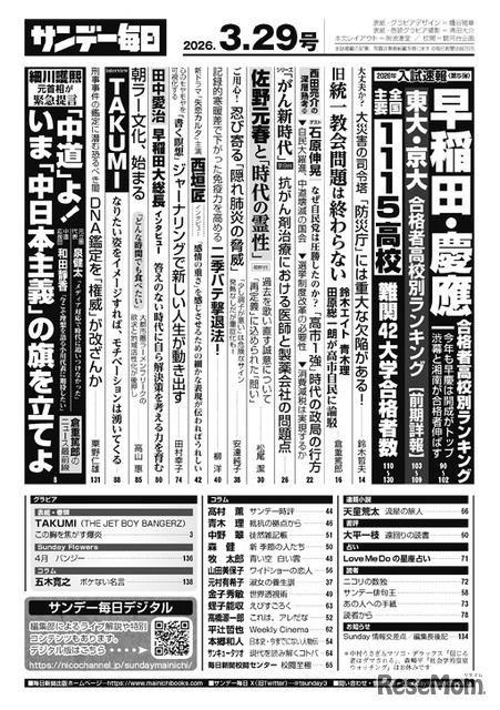 サンデー毎日3月29日号・目次