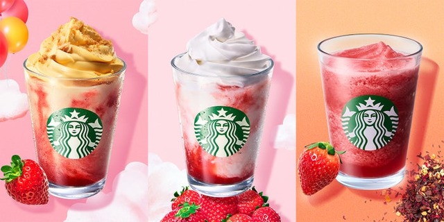 「ストロベリー シュークリーム フラペチーノ」「スターバックス ストロベリー フラペチーノ」「ストロベリー＆パッション ソルベ ティー」（提供写真）