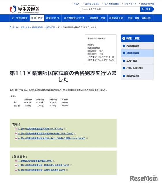 第111回薬剤師国家試験の合格発表