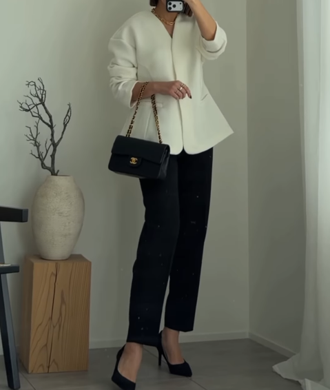 H&Mのジャケットが主役の大人のセレモニースタイル。ペプラムシルエットでお腹周りもきちんとカバー【40代の毎日コーデ】