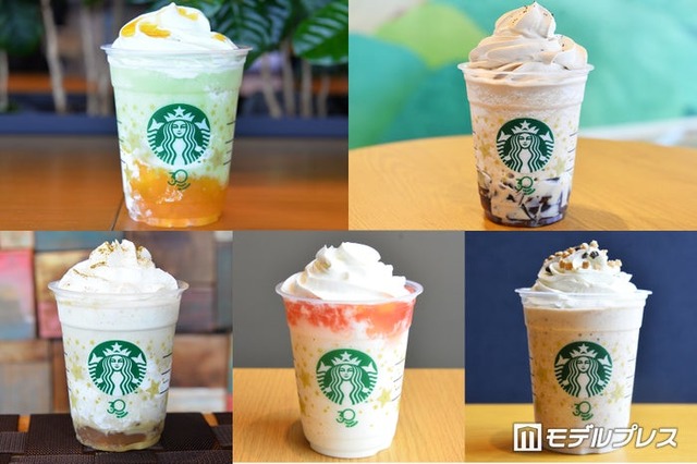 （左上から時計回り）THE フラペチーノ of メロン of メロン、THE フラペチーノ of コーヒー ジェリー、THE フラペチーノ of チャンキー クッキー、THE フラペチーノ of フルーツ-オン-トップ-ヨーグルト with クラッシュ ナッツ、THE フラペチーノ of 加賀 棒ほうじ茶（C）モデルプレス