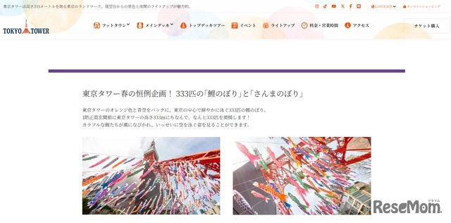 東京タワー春の恒例企画、333匹の「鯉のぼり」と「さんまのぼり」