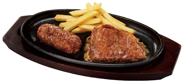 「ブロンコおじさんのこだわり炭焼きがんこハンバーグ&炭焼き極選プレミアムサーロインステーキ」単品価格：300g 3,280円（税込3,608円） （ハンバーグ150g＋ステーキ150g）