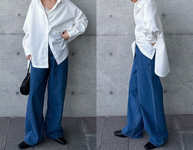 究極シンプルでおしゃれな白シャツ×デニムの旬スタイル。シルエットが美しく体型カバーも叶える着こなし【40代の毎日コーデ】