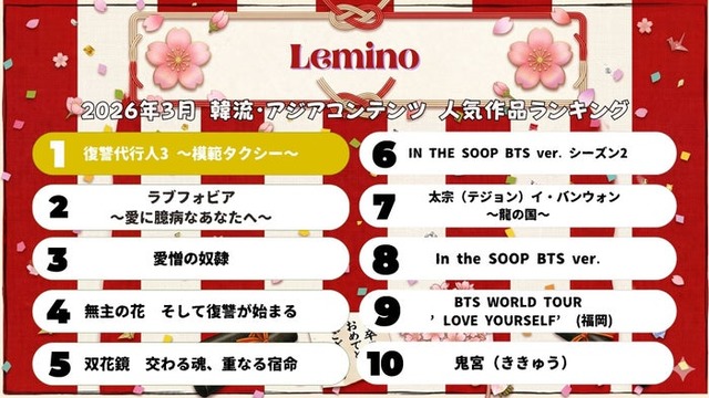 Lemino2026年3月韓流・アジアコンテンツ人気作品ランキング（C）Lemino