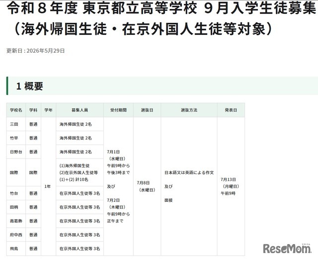 令和8年度 東京都立高等学校9月入学生徒募集 （海外帰国生徒・在京外国人生徒等対象）