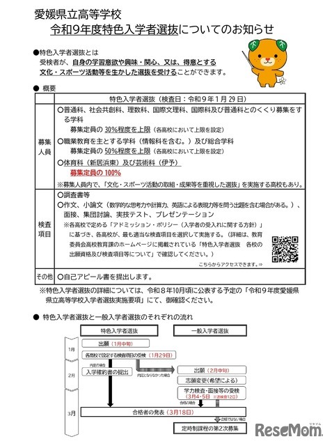 愛媛県立高等学校 令和9年度特色入学者選抜についてのお知らせ