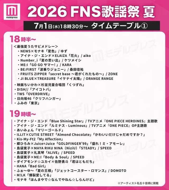 「2026 FNS歌謡祭 夏」タイムテーブル（C）モデルプレス