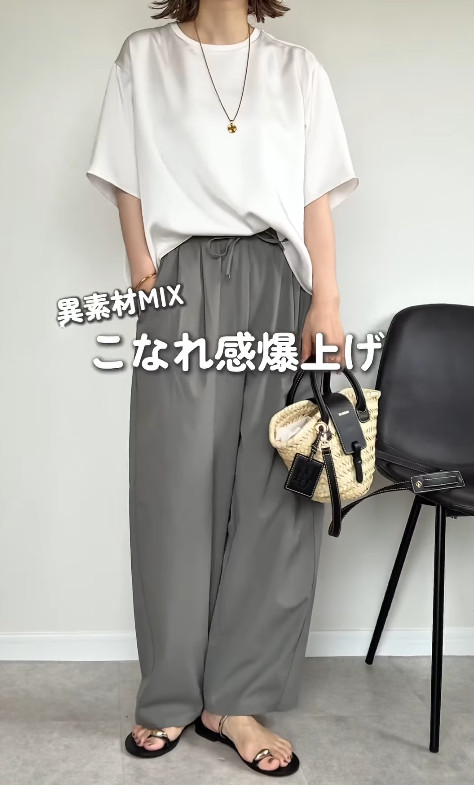 ユニクロとGUの旬アイテムで完成。ホワイト×オリーブの異素材MIXのこなれ感ある着こなし【40代の毎日コーデ】