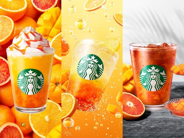 ぎゅぎゅっと オレンジ ＆ マンゴー フラペチーノ（R）、チラックス ソーダ オレンジ＆マンゴー、クラフト ジューシー オレンジ＆マンゴー ティー（提供写真）