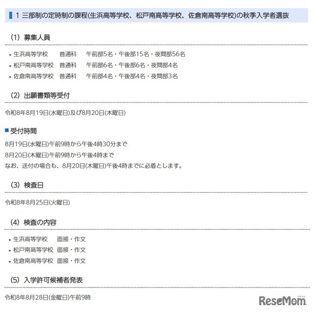三部制の定時制の課程（生浜高等学校、松戸南高等学校、佐倉南高等学校）の秋季入学者選抜