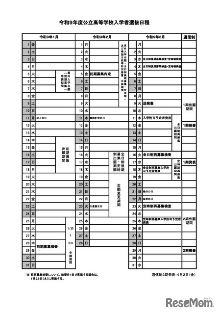 令和9年度公立高等学校入学者選抜日程