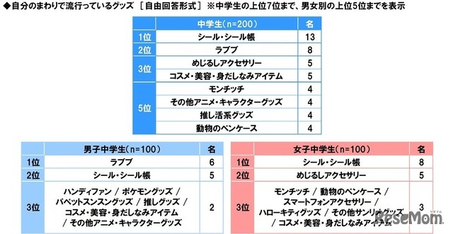 自分のまわりで流行っているグッズ（中学生）