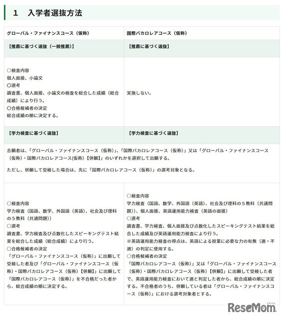 「東京都立第一商業高等学校の改編に関する基本計画」に基づく入学者選抜方法