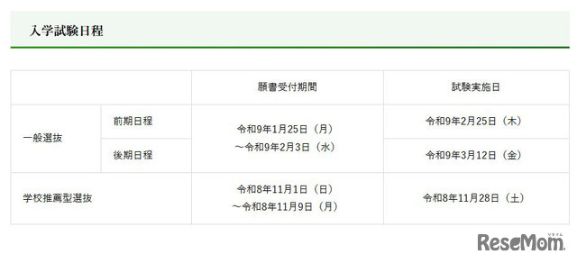 令和9年度入学試験日程