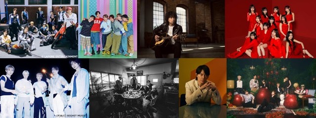 （上段左から）INI、NCT WISH、斉藤和義、Juice＝Juice（下段左から）TOMORROW X TOGETHER、BE:FIRST、福山雅治、MAZZEL（提供写真）