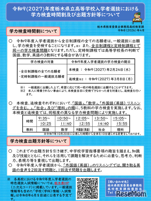 学力検査時間割および出題方針等について