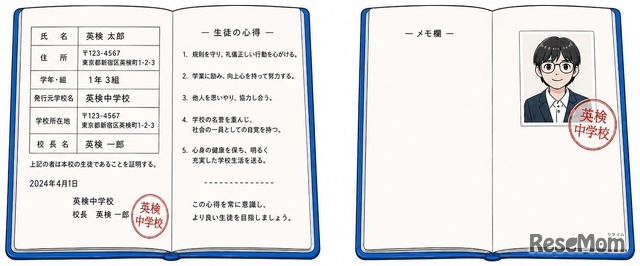 有効な事例…生徒手帳の個人情報とは別ページ（メモ欄など）の余白に写真が糊などで貼付され、写真に割印がされている場合
