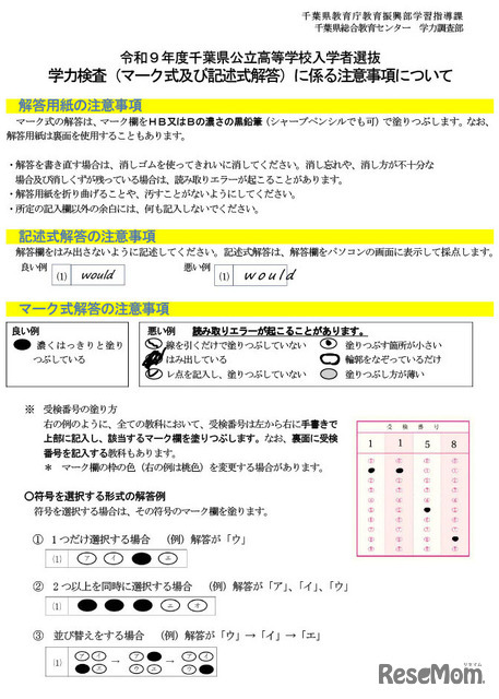 学力検査（マーク式および記述式解答）に係る注意事項