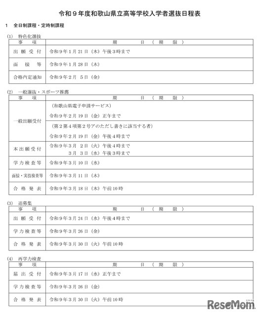 令和9年度和歌山県立高等学校入学者選抜日程表
