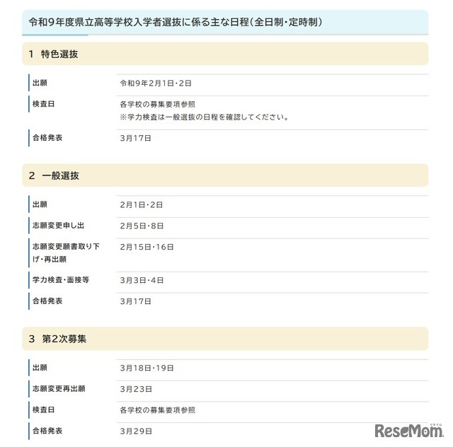 2027年度県立高等学校入学者選抜に係るおもな日程（全日制・定時制）