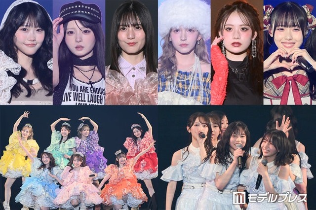 （左から）遠藤まりん、市原愛弓、小坂菜緒、早瀬ノエル、立花琴未、松本ももな（下段左から）FRUITS ZIPPER、日向坂46（C）モデルプレス