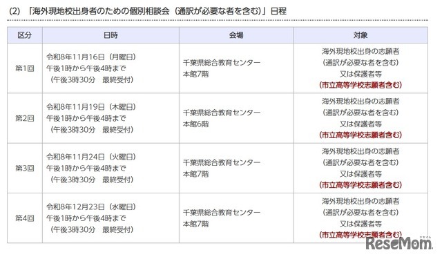 海外現地校出身者のための個別相談会（通訳が必要な者を含む）