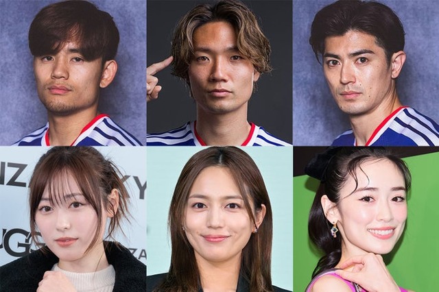 （上段左から）久保建英、板倉滉、谷口彰悟／Photo by Getty Images（下段左から）福原遥、川口春奈、泉里香（C）モデルプレス