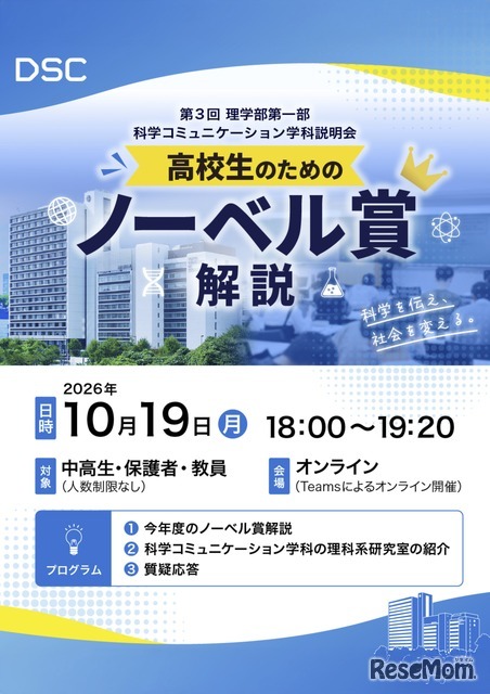第3回 理学部第一部 科学コミュニケーション学科説明会「高校生のためのノーベル賞解説」