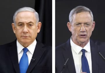 イスラエルのネタニヤフ首相（ロイター＝共同）、ガンツ元軍参謀総長（ゲッティ＝共同）