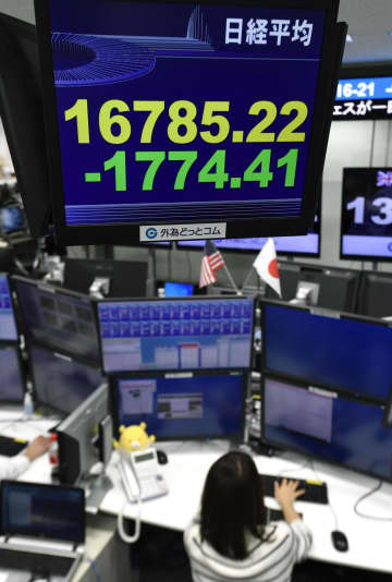 一時、3年4カ月ぶりに1万7000円を割り込んだ日経平均株価を示すボード＝13日午前、東京・東新橋の外為どっとコム