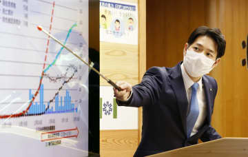 北海道庁で記者会見する鈴木直道知事＝18日夜